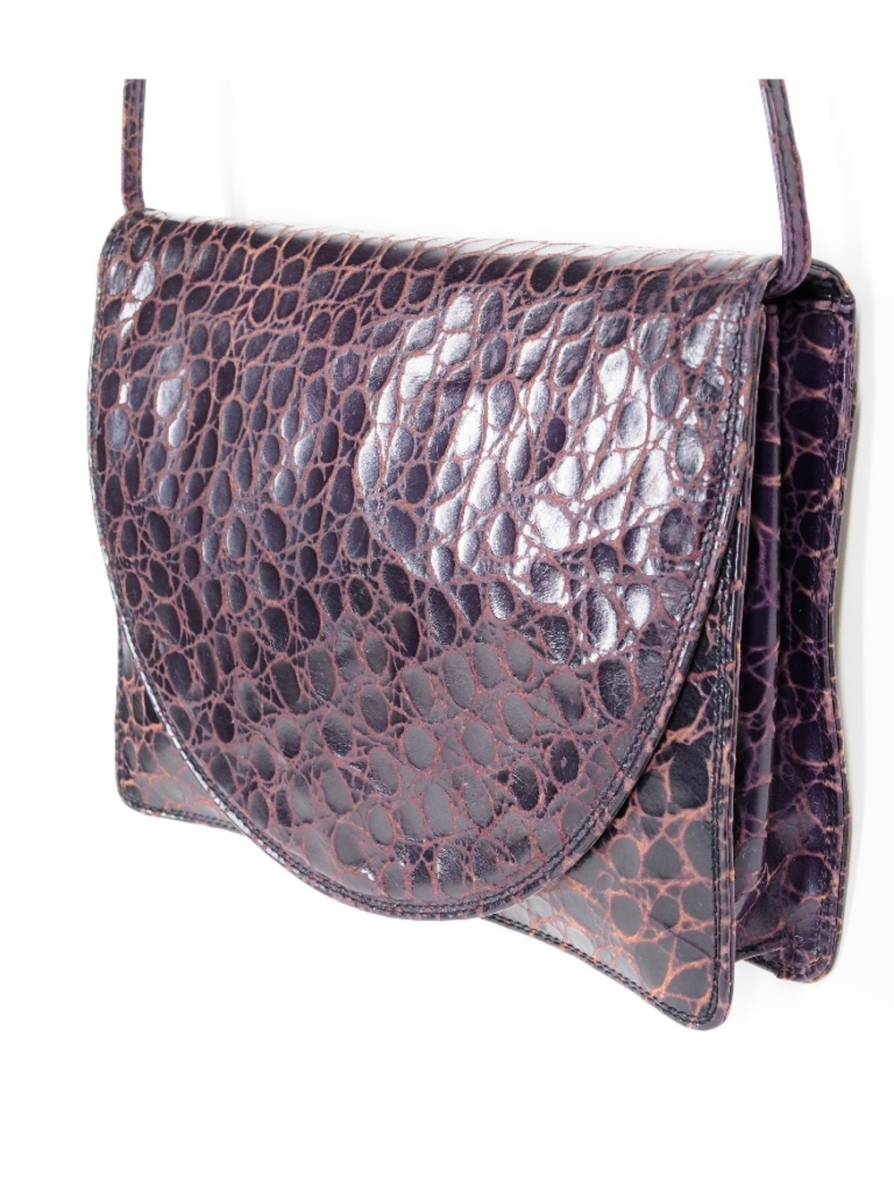 Woodward Italy Genuine Leather Purple-Brown Handbag Vintage Croc Pattern